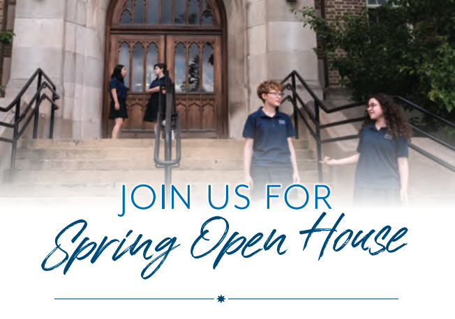 Girls on the steps of MSM with text overlay that says Join us for Spring Open House