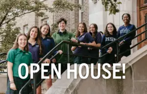 A diverse group of girls standing on the front steps of MSM, smiling at the camera, with the text "OPEN HOUSE"